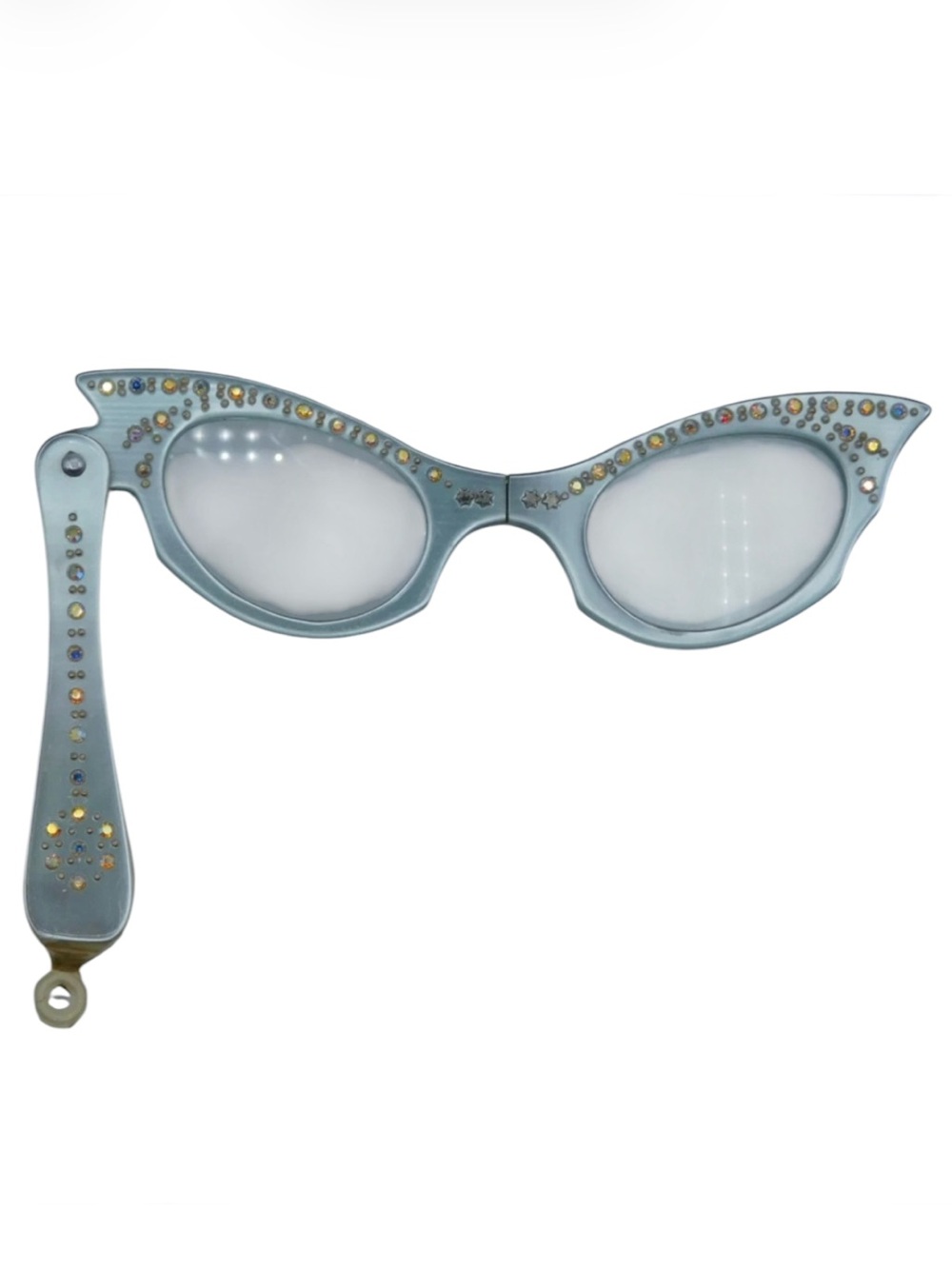 Vintage White Pearlized Folding Cat Eye Opera Glasses w Crystal Accents